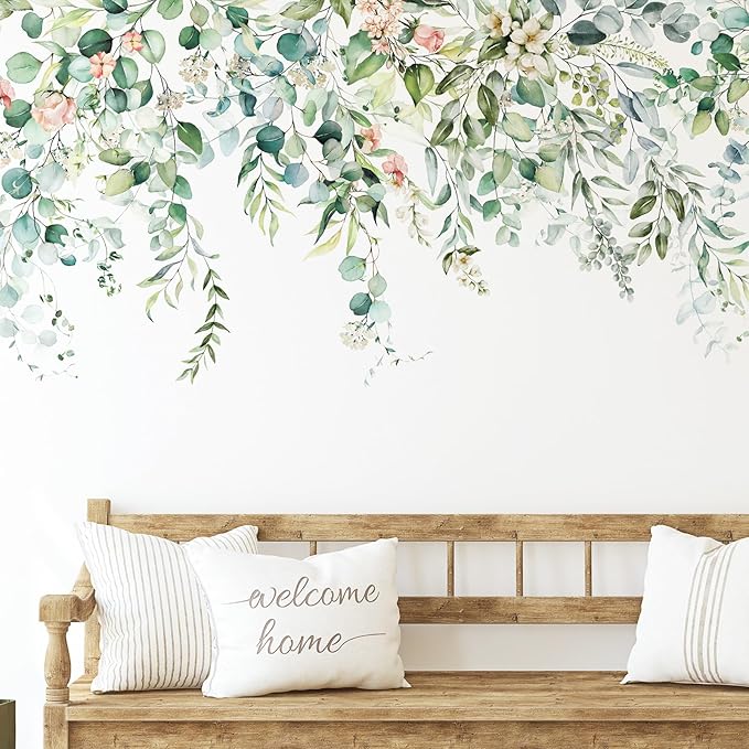 Zonon 6 Pcs Flowers Wall Decals Stickers Vinyl Removable Peel and Stick Colorful Dragonflies Floral Wall Murals Decor for Bedroom Living Room Nursery(Greenery)
