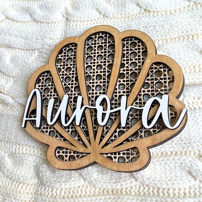 Personalized Rattan Seashell 3D Name Sign, Custom Boho Wood Personalized Name Sign, 3D Wooden Layered Handmade Letter Wall Decor for Nursery or Child's Bedroom, Rattan Baby Name Sign