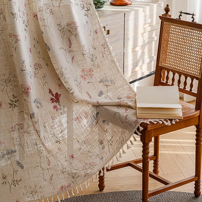 OYX Floral Curtains 2 Panels 52x96 Inches, Boho Tassel Semi-Sheer Light Filtering, Rod Pocket Farmhouse Window Drapes for Bedroom Living Room Dining Room, Bohemian Aesthetic Decor