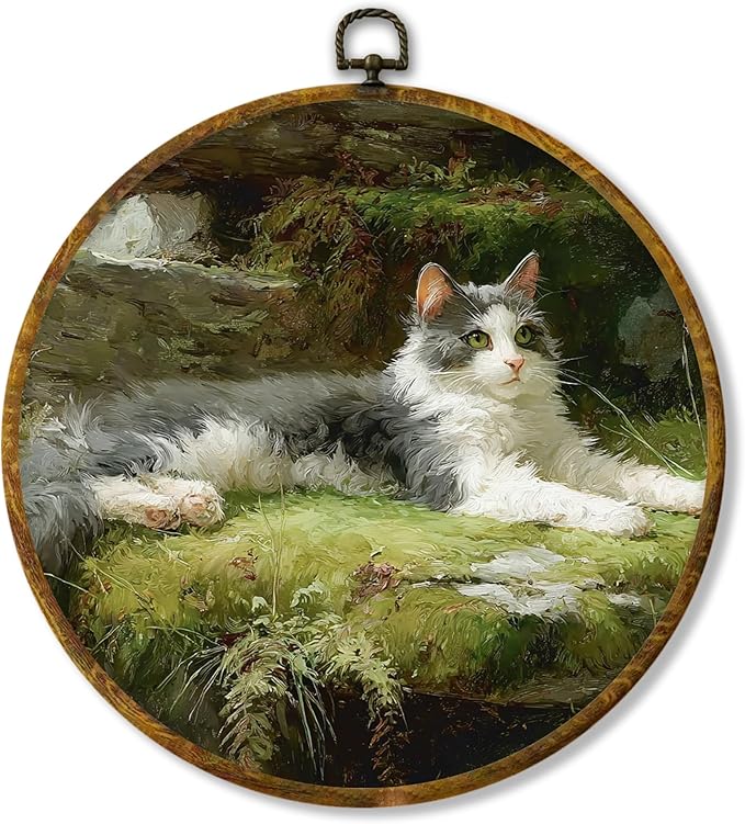 Hiuwevt Vintage Cat Round Wall Art Decor, Cat Mom Lovers Gifts for Women Framed Canvas Prints, Rustic Cottagecore Kitten Round Wall Hanging Decor for Home Bedroom Living Room Decorations, 10x10 Inches