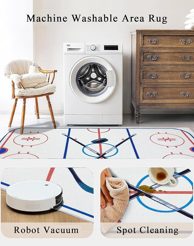 Hockey Rug 5x7 Washable Low Pile Non Slip Sports Rug for Boys Bedroom Decor, Hockey Room Area Rug Man Cave Carpet Mat