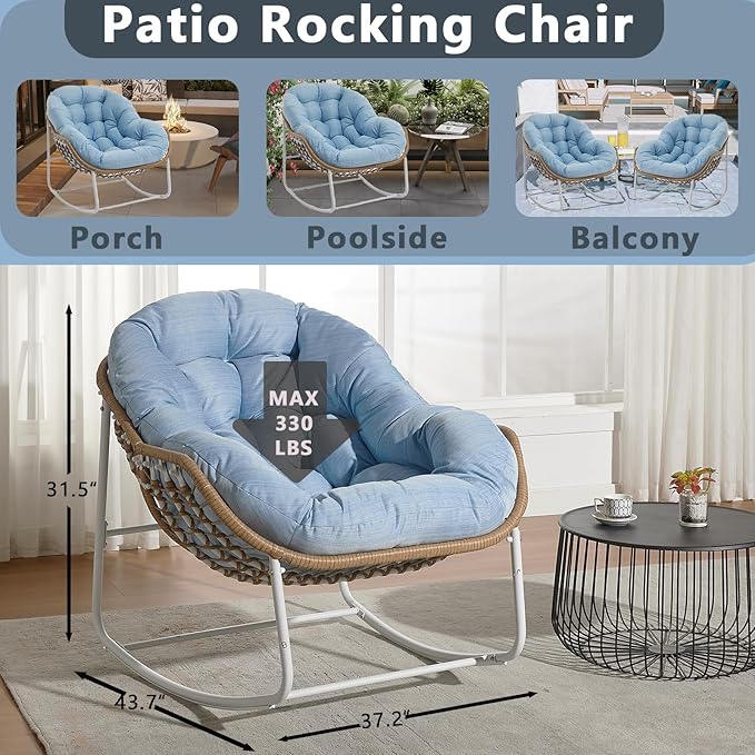 Oversized Outdoor Papasan Rocking Chair with Soft Cushion, Comfy Patio Egg Chair, Wicker Lounge Rocker for Balcony/Porch/Garden, Reinforced All Weather Rattan Frame, 330 lbs Support, Sky Blue