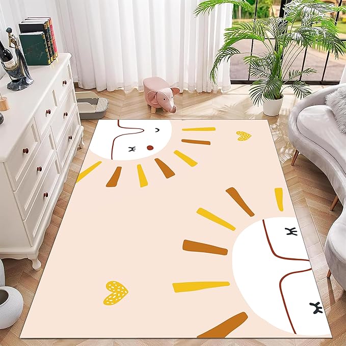 Children's Rug Living Room Plush Area Rugs Educational Rugs Soft Washable Non-Slip Rugs Simple Cute Sun and Love Prints Kids Room Nursery Decor Pink Rugs 2x5ft