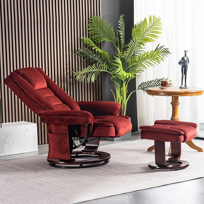MCombo Swivel Recliner with Ottoman Chair, TV Chair Sets with Vibration Massage, for Small Space Living Room Bedroom 9096 9099 (Textile, Burgundy)