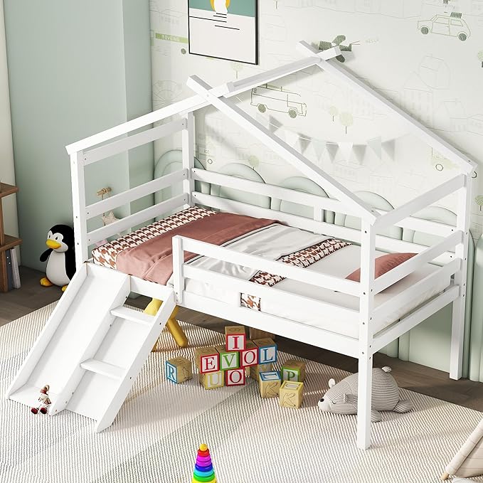 Twin Size Low Loft Bed with Slide and Ladder for Kids Boys Girls, Solid Wood House Roof Loft Bed Frame with Safety Guardrails, Sturdy Slat Support (White-50)