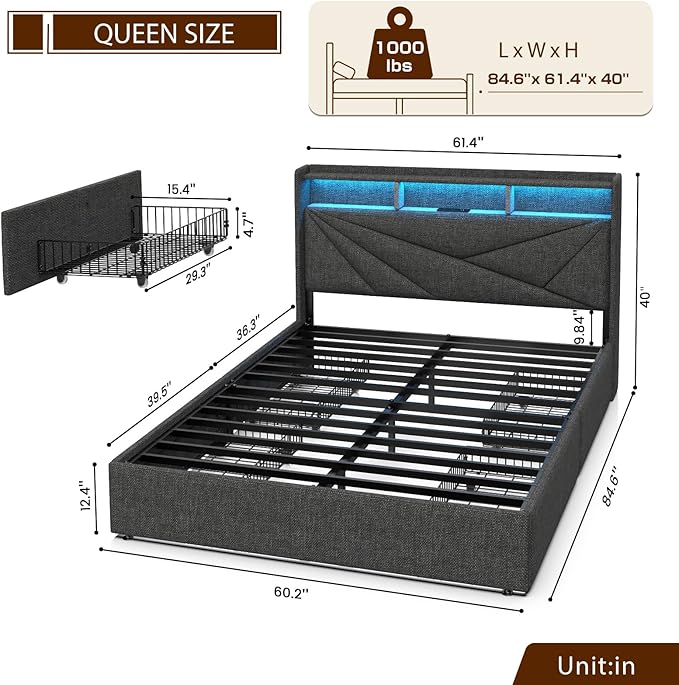 LED Queen Bed Frame with 4 Storage Drawers, Upholstered Bed Frame Queen Size with 2-Tier Headboard and Charging Station, No Box Spring Needed, Easy to Assembly - Dark Grey