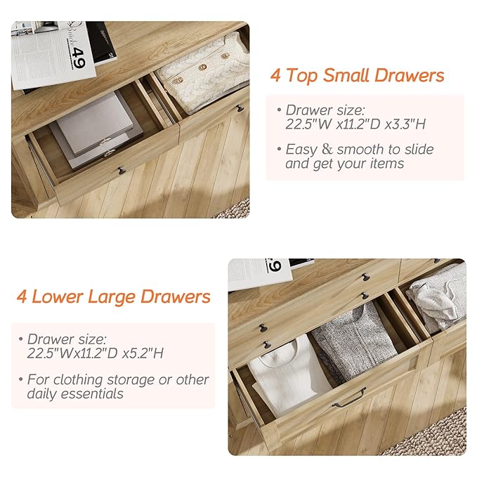 WAMPAT 2-in-1 Baby Dresser with 16 Drawers for Kids Room, Farmhouse Kids Dresser Wooden Double Dresser for Bedroom, Large 8 Drawer Dresser Set Organizer for Children’s Bedroom, Nursery Furniture