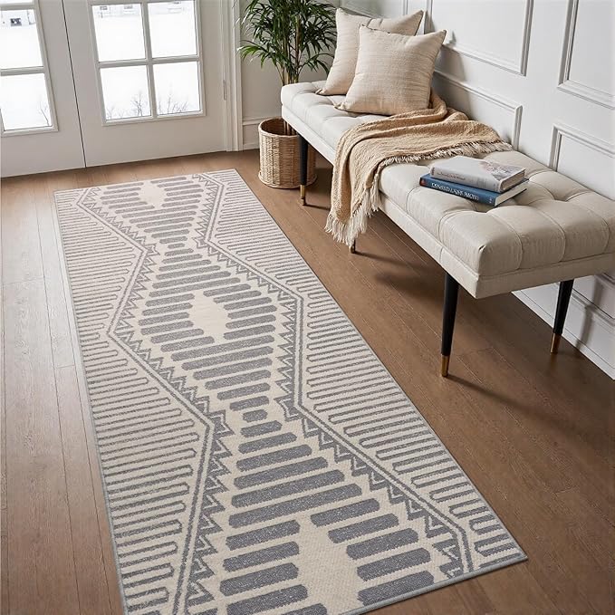 Silver Grey Boho 2x6 ft Runner Textured Tufted Rugs for Hallway Kitchen Bedroom Entryway Long Non Slip-Carpet Washable Neutral Modern Geometric Moroccan Aztec Rug