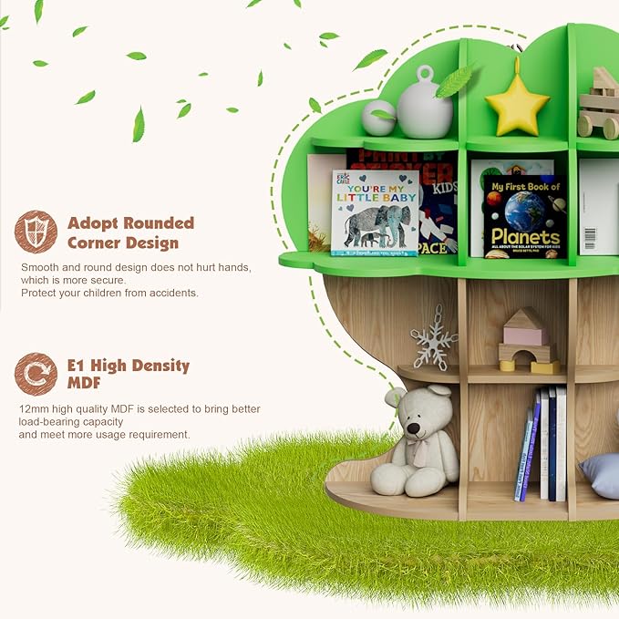 Light Green Tree Kids Bookshelf Toddler Bookcase 4-Tier Baby Book Rack Children Toy Storage Organizer Forest Wood Display Shelf Nursery Playroom Bedroom Classroom School Homeschooling Boy Girl’s Gift
