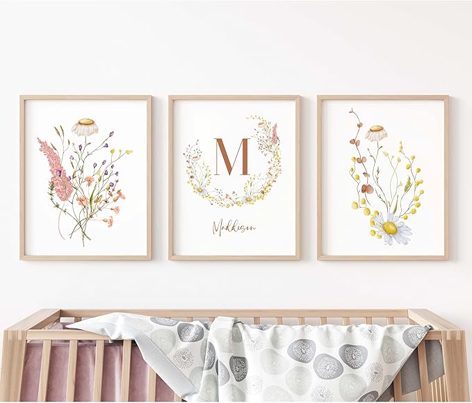 Personalized Name Flower Nursery Wall Art Prints, Crib & Nursery décor, Newborn Baby Girl Gift Present, Floral Baby Girl Room Pictures, Poster For Baby And Kids (3 Prints, Flower 5)