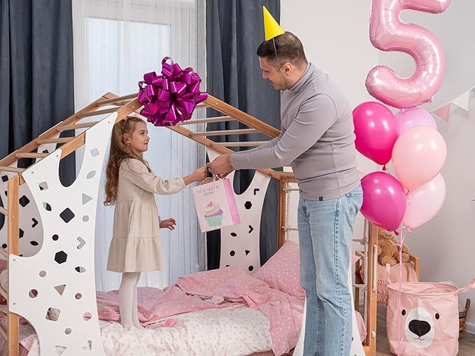 2-in-1 Montessori Bed with Wooden Play Gym for Home Activities, Made in Europe 75 x 38 Twin Floor Bed, 5 Colors Space Saving House Bed Combined with Toddler Gym for Boys&Girls, Water Based Paint Used