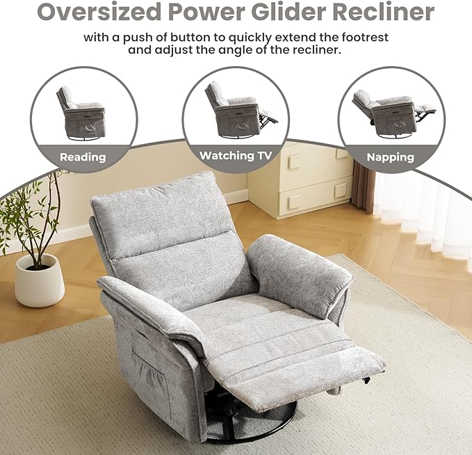 Oversized Power Recliner Chair Swivel Glider with Massage and Heat, Rocker Nursery Recliner for Adults with Adjustable Headrest, 26" Extra Wide Nursery Chair with Overstuffed Armrest,Light Grey