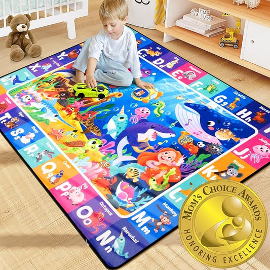 Ocean ABC Rug for Kids Playroom 5x7FT Sea Animals Kids Rugs Non-Slip Play Carpet Baby Play Mat for Floor Washable Alphabet Nursery Preschool Daycare Classroom Carpet