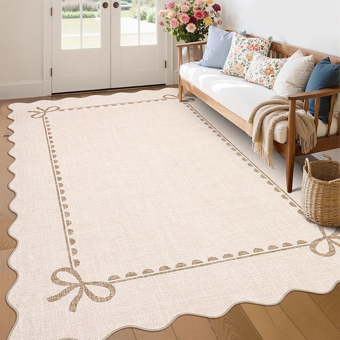 GarveeHome Scalloped Bow Rug for Living Room, Solid Beige Rug for Dorm, Washable Rugs 9x12 Soft Low Pile Non Slip Scalloped Rugs for Nursery College Bedroom Decor Kids Room Playroom