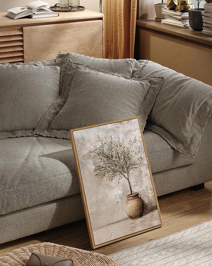 ARPEOTCY Vintage Framed Canvas Wall Art, 16x24 Inch, Large Classic Olive Tree in Vessel Prints for Home Decor, Botanical Still Life Paintings Hanging Wall Art for Bedroom, Living Room, Office