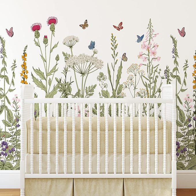 Zonon 6 Pcs Flowers Wall Decals Stickers Vinyl Removable Peel and Stick Colorful Dragonflies Floral Wall Murals Decor for Bedroom Living Room Nursery (Olive Green Flowers)
