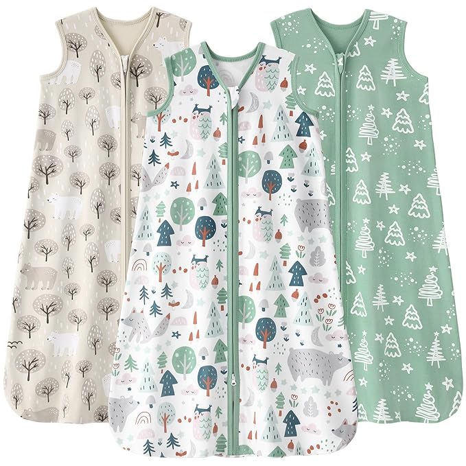 Baby Sleep Sack 12-18 months, 100% Cotton Sleeping Sack for Newborn and Infant, 3 Pack Baby Wearable Blanket for Boy and Girl, 0.5 Tog Lightweight Double Zipper Sleep Bag Green Apricot Bear