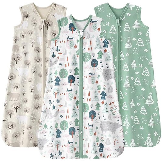 Baby Sleep Sack 12-18 months, 100% Cotton Sleeping Sack for Newborn and Infant, 3 Pack Baby Wearable Blanket for Boy and Girl, 0.5 Tog Lightweight Double Zipper Sleep Bag Green Apricot Bear