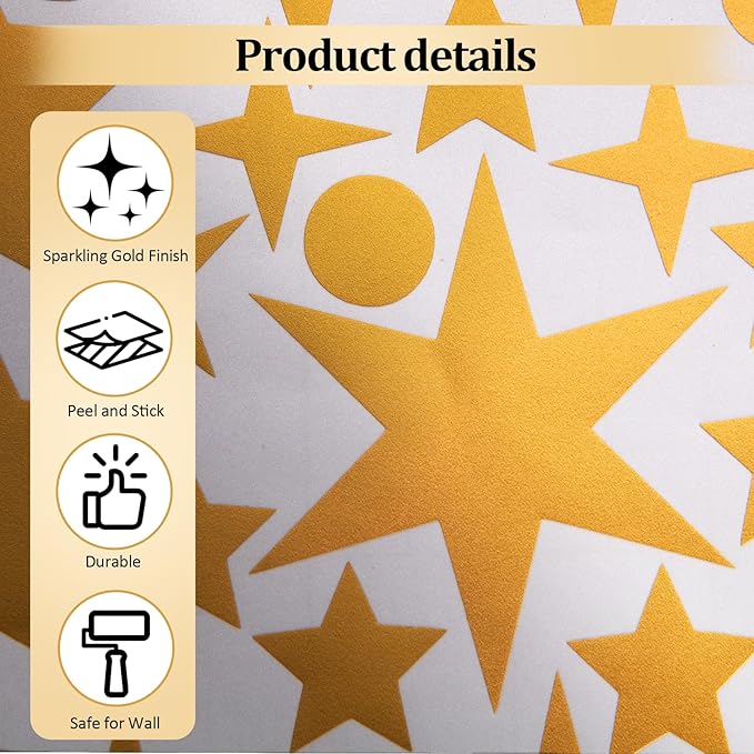 Vintage Gold Star Wall Stickers, 5 Sheets 210 Pcs Decals with Stars & Dots, Peel and Stick Wall Art Sticker, Removable Vinyl Star Wall Decor for Bedroom, Nursery, Ceiling, Party Decorations