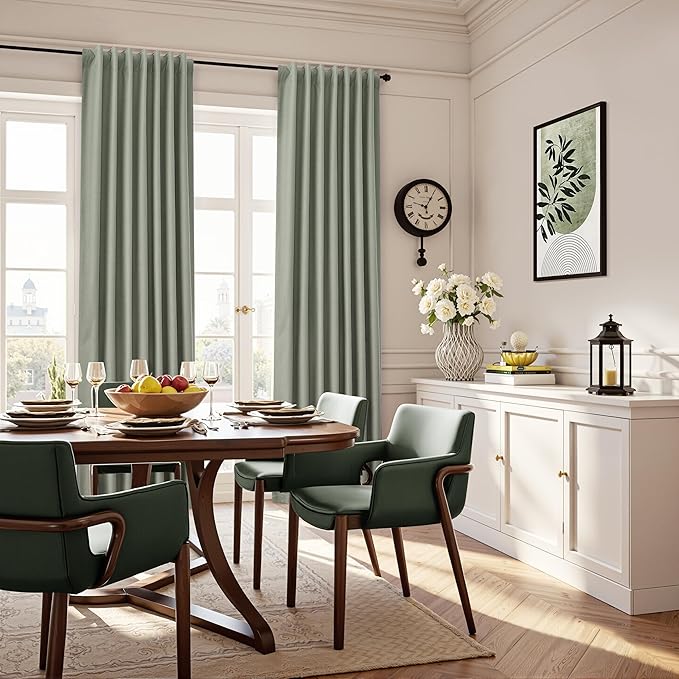Sage Green Linen 100% Blackout Curtains 90 Inches Long for Bedroom Back Tab Hook Belt Elegant Country Farmhouse Room Darkening Thermal Insulated Soundproof Drapes Living Room Office 2 Panels Set 52x90