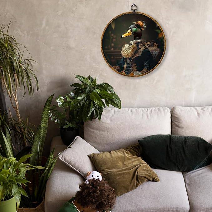 Hiuwevt Vintage Duck Round Wall Art Decor, Vintage Green Head Duck Framed Canvas Prints, Retro Renaissance Farm Animal Round Wall Hanging Decor for Home Office Decorations, 10x10 Inches