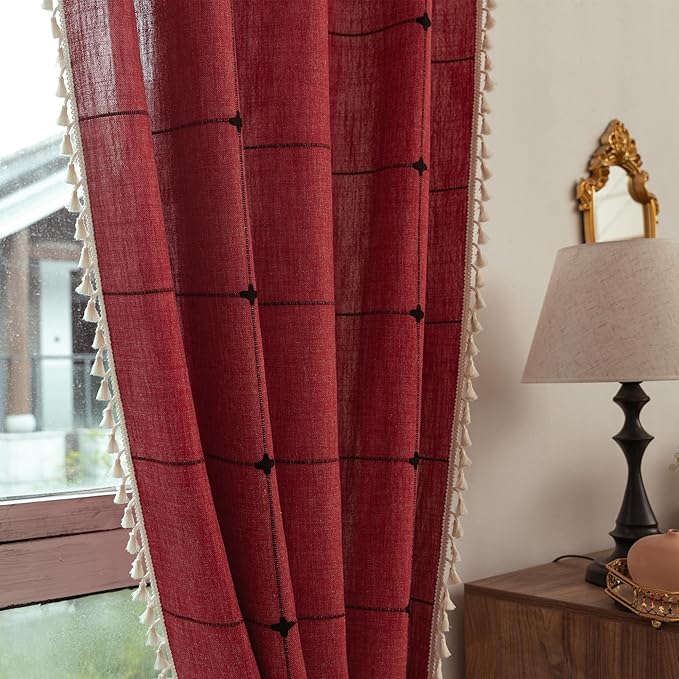 Deeprove Red Boho Curtains for Bedroom 63 Inches Long, Burgundy Checkered Bohemian Chic Textured Embroidery Plaids, Vintage Handmade Tassels Country Xmas Christmas Decor Drapery, 1 Panel W52 x L63