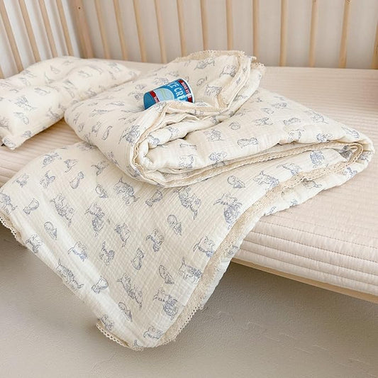 BuLuTu Boys Girls Toddler Bed Quilted Blanket Cotton Muslin Thin Summer Comforter for Twin Size Bed, Soft Breathable Kids Quilt with Lace Edges, 60x78 Inches, Blue Cat Pattern, No Pillow