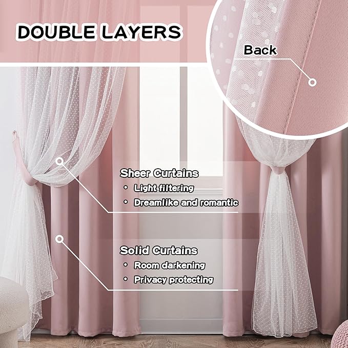 MYSKY HOME Pink Curtains for Girls Bedroom & Nursery Kids Blackout Cute Curtains 72 inch Long Double Layer with Polka Dots Sheer, Grommet Tops, 52" Wide, 2 Panels