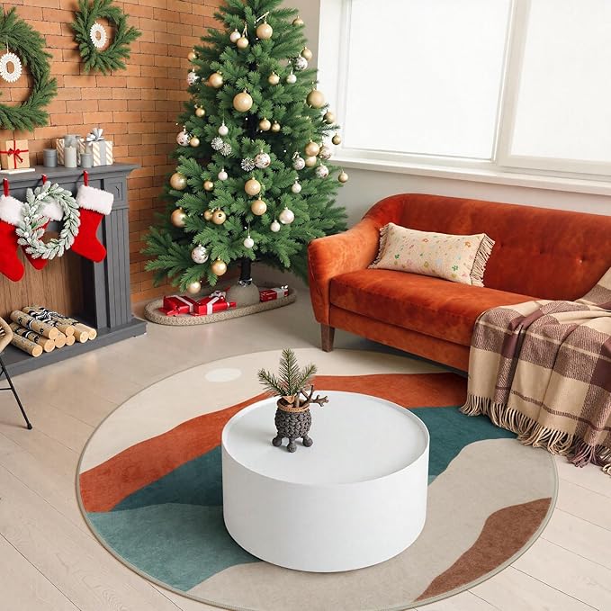 Round Rugs 4ft, Non Slip Washable Circle Rug for Bedroom Mountain Boho Round Area Rug for Living Room, Modern Soft Accent Carpet for Entryway Dining Room(Colorful)