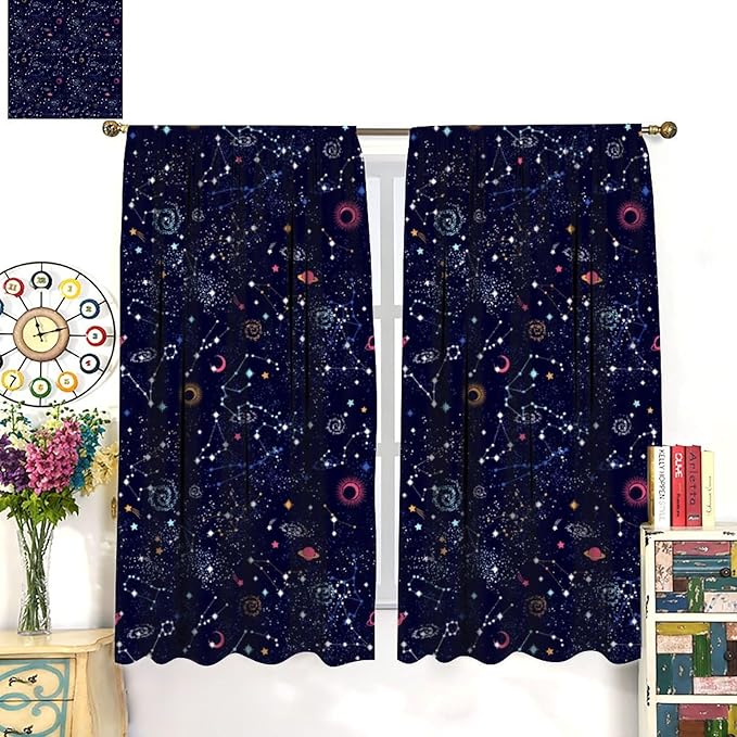 Kids Galaxy Curtains, Fantasy Stars Outer Space Universe Planets Print Window Treatments for Boys Girls Bedroom Nursery Playroom 55" W X 63" L