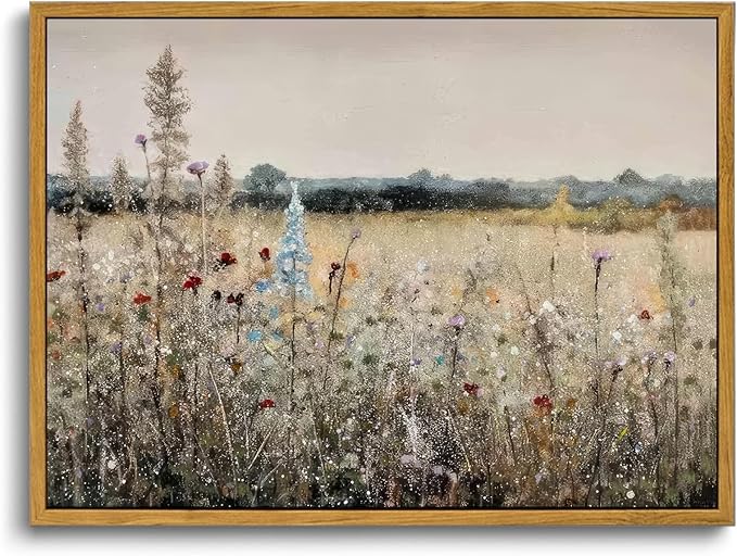 OIQArtOIQ Vintage Wildflowers Landscape Wall Art Framed Floral Natural Scenery Oil Painting Canvas Prints Country Farmhouse Decor Pictures Kitchen Bedroom Living Room Bathroom