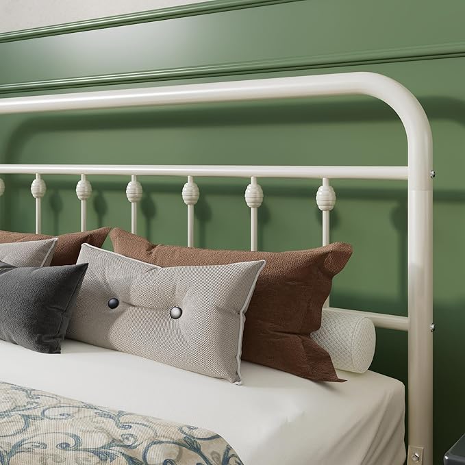 SHA CERLIN Queen Size Metal Platform Bed Frame with Victorian Style Iron-Art Headboard and Footboard, Easy Assembly, Under Bed Storage, No Box Spring Required, White