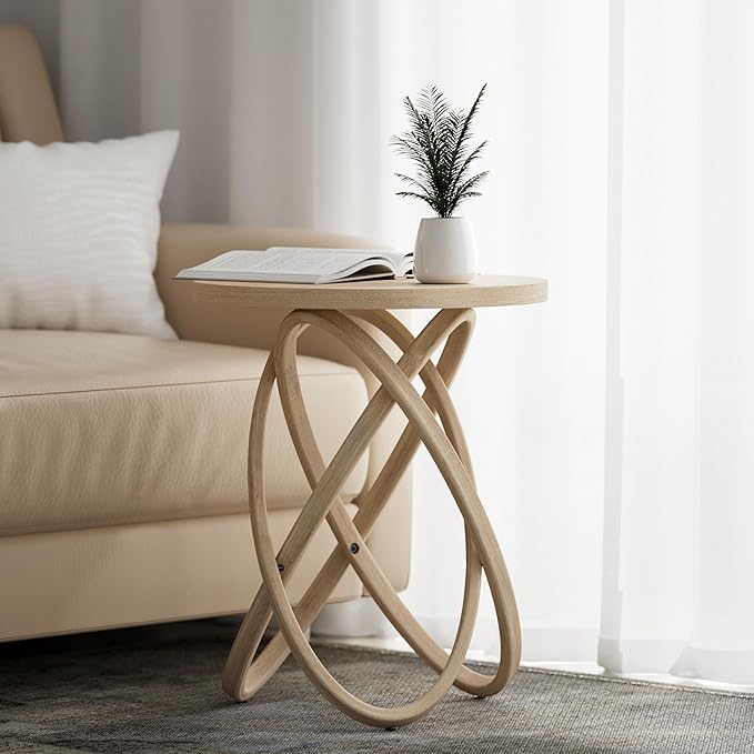 Round End Table Farmhouse Wood Side Table Rustic Plant Stand with Intertwined Line Design for Living Room, Office, Light Wood Color