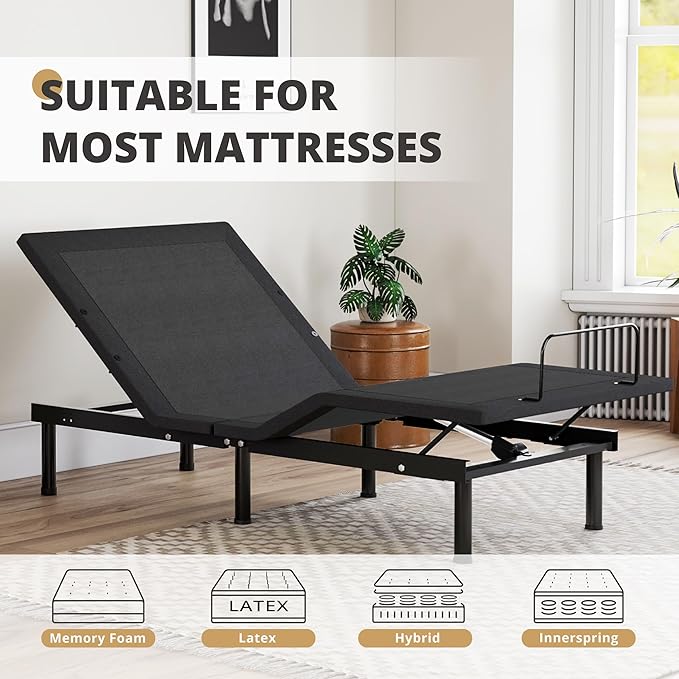 EGOHOME Twin XL Adjustable Bed Frame with Wireless Remote,Independent Head and Foot Incline Electric Bed Base with Adjustable Legs Massage,Zero Gravity, LED Night Lights,USB