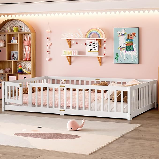 Bellemave Queen Size Floor Bed with Rails for Kids, Girls, Boys, Pine,Plywood Floor Bed with slats and Door, White