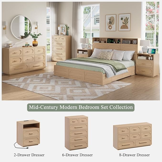 Nightstand Set of 2 with Charging Station, 25.8" Tall Wood End Table with 2 Storage Drawers and Open Shelf, Mid Century Modern Bedside Table for Bedroom, Living Room, Natural Oak
