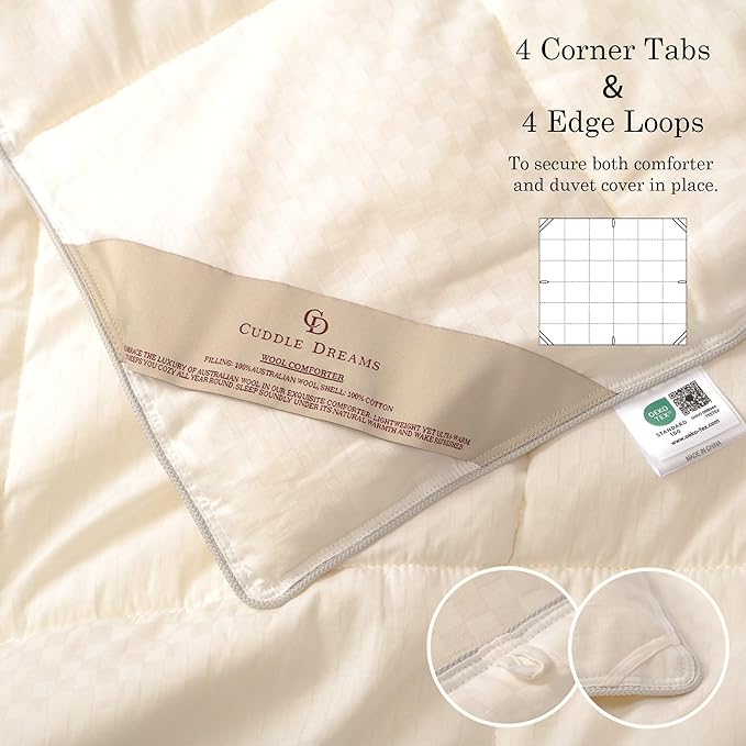 CUDDLE DREAMS Wool Comforter Duvet Insert, 100% Australian Wool Filling with Soft Noiseless Cotton Shell, Natural Warmth (Lightweight for Summer, Queen)