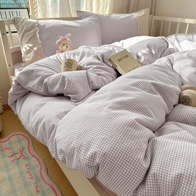 LifeTB Purple Gingham Duvet Cover Twin Cozy Washed Microfiber Purple Checkered Plaid Duvet Cover with 2 Pillowcases Romantic White Lace Comforter Cover 3 Pieces Gingham Grid Bedding Set