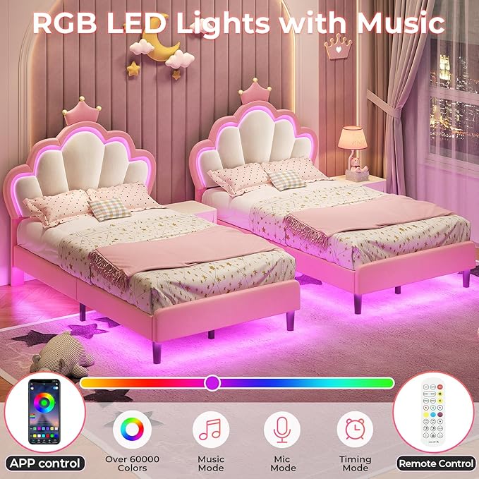 BTHFST Twin Size Bed Frame with LED Lights, Girls Twin Bed with Princess Crown, LED Velvet Upholstered Platform Bed Frame with Adjustable Headboard, No Box Spring Needed, Pink