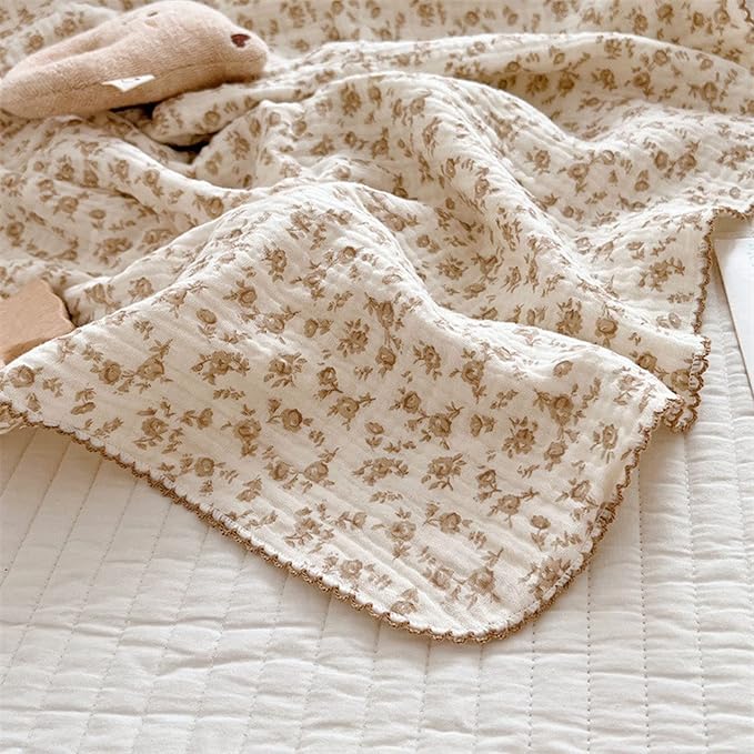 BuLuTu 4 Layer Toddler Blanket 100% Cotton Muslin Bed Blankets for Kids,Girls,Boys, Designed with Cute Camellia Flowers Lightweight Thermal Baby Blanket, Super Soft and Warm Crib Blanket, 47x51