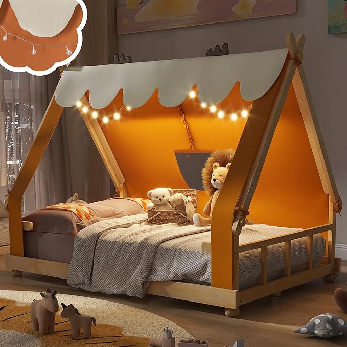 Montessori Floor Bed Full with Tent & Light, Wood Full House Beds for Kids, DIY Playhouse, Low-Profile Teepee Bed, Playful Indoor Adventure & Sleep for Girls Boys,Natural+Brown