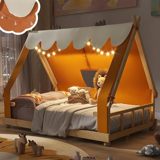Montessori Floor Bed Full with Tent & Light, Wood Full House Beds for Kids, DIY Playhouse, Low-Profile Teepee Bed, Playful Indoor Adventure & Sleep for Girls Boys,Natural+Brown