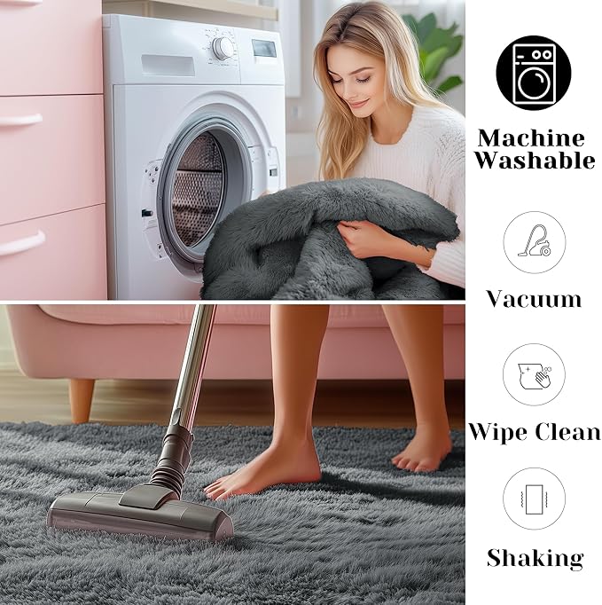 ONASAR Grey Area Rugs for Living Room Bedroom, 5x8 Gray Fluffy Shag Rug, Washable Ultra Soft Plush Shaggy Large Indoor Floor Carpet for Nursery Kids Girls Boys Teen Home Office Decor Aesthetic
