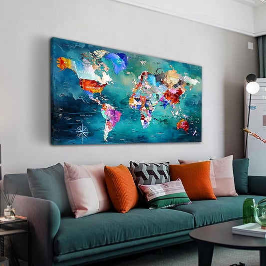 ZHAOSHOP World Map Canvas Wall Art for Living Room - Teal Wall Decor - Office Artwork Wall Decor Ready to Hang Size 29" x 59"