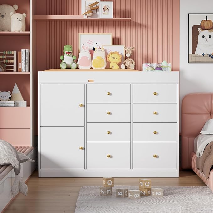 PAKASEPT Changing Table Dresser, Baby Classic Nursery Dresser with 8 Drawers and 2 Cabinet, Multi-Functional Baby Changing Table, Diaper Changing Station for Children's Room