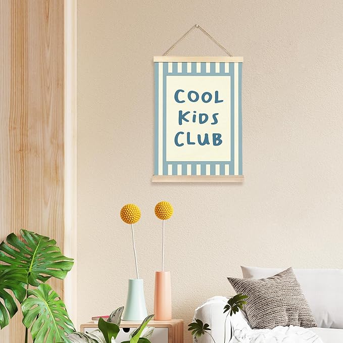 Hiuwevt Kids Room Wall Art, Cool Kids Club Poster Hanger Frame, Preppy Blue Striped Wall Art Home Decor for Boys Toddler Nursery Room Bedroom Playroom, 12x16 Inch