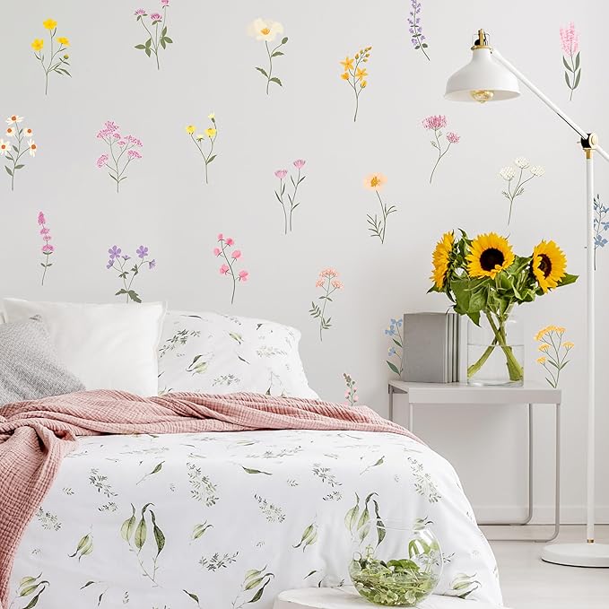 Pastel Wildflower Wall Decals - Set of 22 Vinyl Flower Room Decor Peel and Stick Removable Floral Stickers for Nursery Bedroom Bathroom