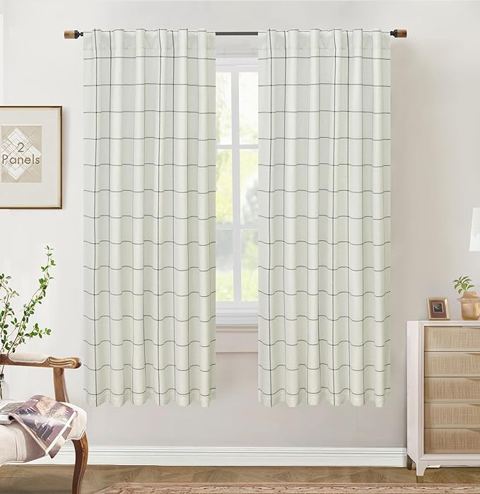 DriftAway 2 Panels 100% Blackout Windowpane Plaid Linen Curtains Double Layer Drapes for Bedroom 72 Inches Long Farmhouse Thermal Insulated 3.25 Inch Rod Pocket Back Tab for Living Room Black