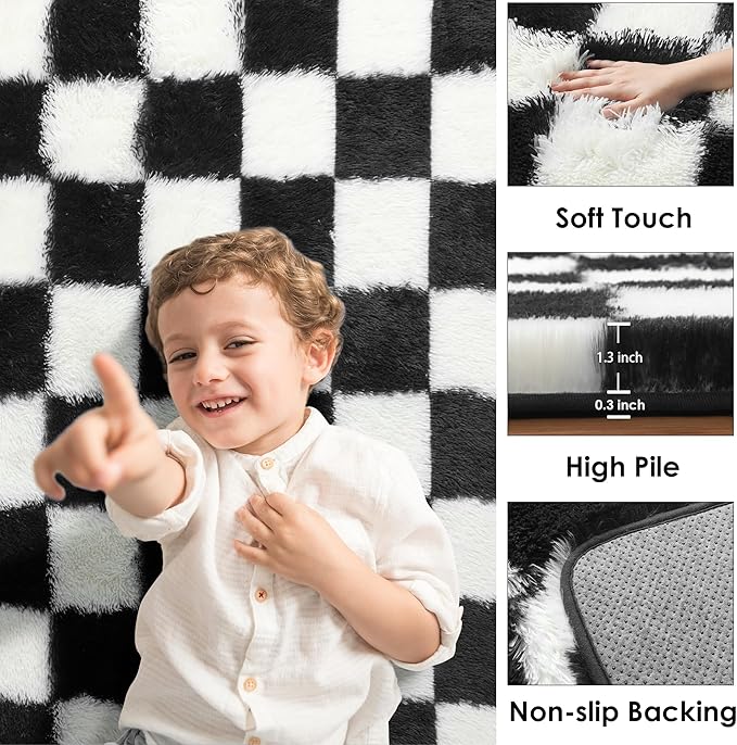 KICMOR 6x9 Area Rugs for Living Room Bedroom, Large Black and White Checkered Fuzzy Fluffy Shag Shaggy Carpet, Big Plush Soft Floor Rug for Kids Boys Girls Teen Dorm Nursery Home Decor Aesthetic