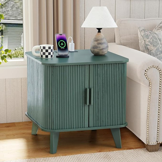 AVZEAR 24" Large Fluted End Table with Charging Station, Farmhouse Sofa Side Table with Sliding Tambour Door & Storage, Curved Rustic Wood Nightstand for Living Room, Bedroom, Green